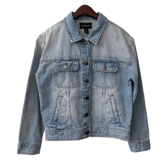 Something Navy Blue Light Wash Denim Jean Jacket Womens Size XS Classic Preppy - Picture 1 of 7